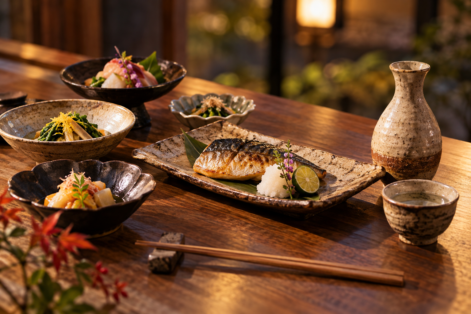 Concept image of Japanese dishes and ceramic sake vessels on a warmly lit table