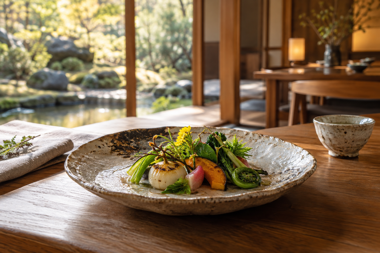 AI-created concept of vegetables on a ceramic plate beside a garden-facing dining area