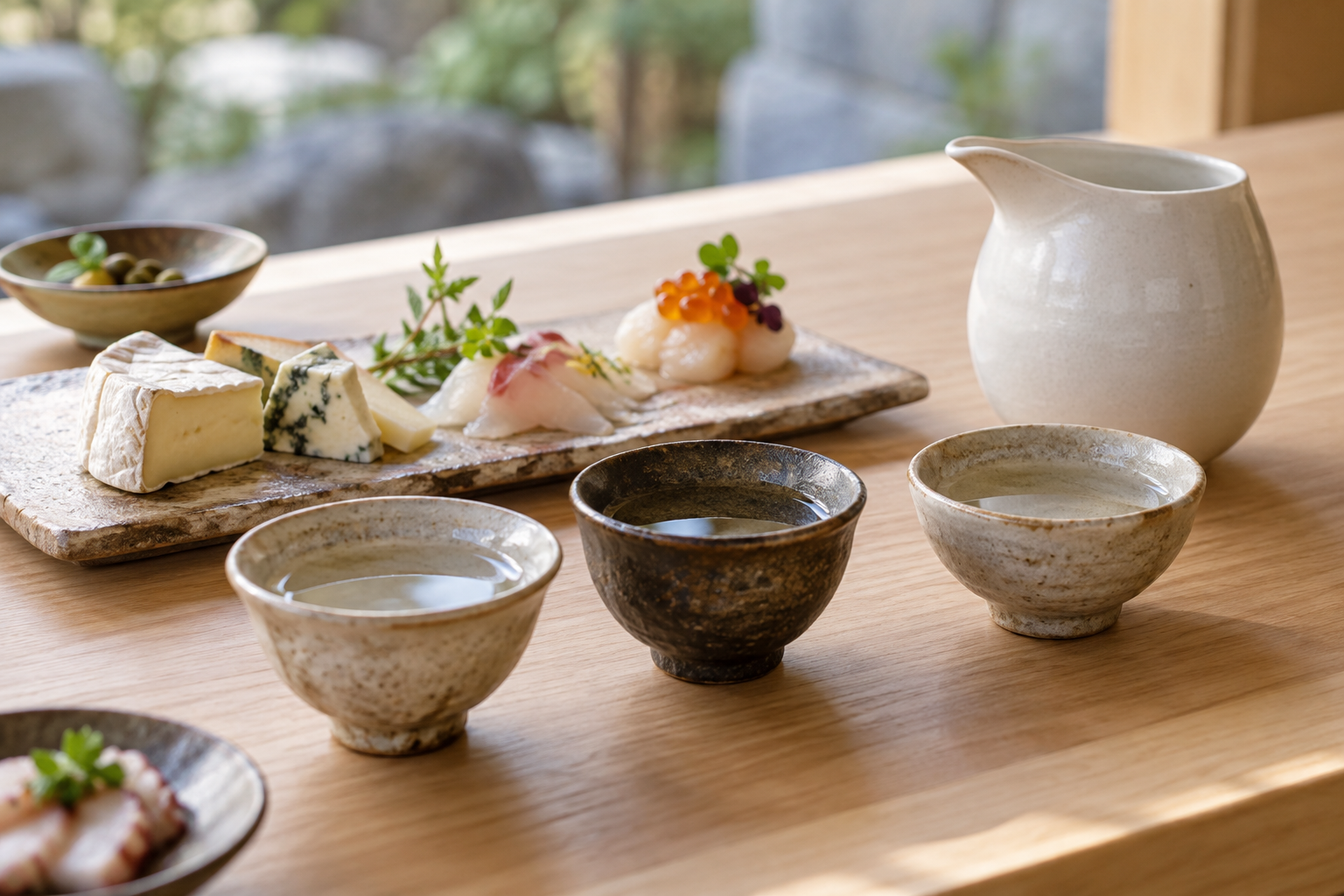Concept image of sake cups with cheese and seafood for a tasting